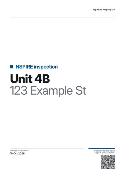 The cover of an NSPIRE inspection report for Unit 4B, 123 Example St