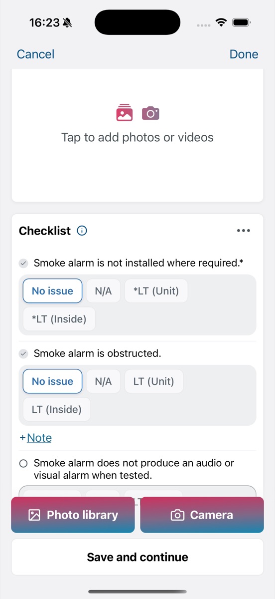 The Smoke Alarm standard with No issue selected on its first two rows